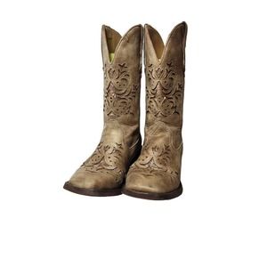 Roper Western Boots Womens Girls Kennedy Square Toe Tan Sparkle Size 6